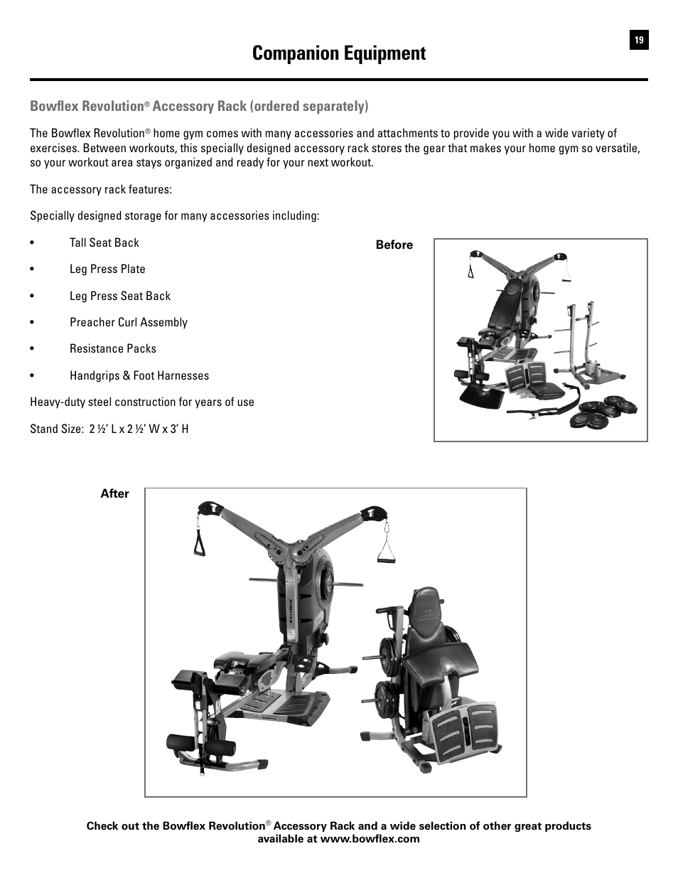 Companion equipment, Bowflex revolution, Accessory rack (ordered separately) | Bowflex Revolution User Manual | Page 21 / 88