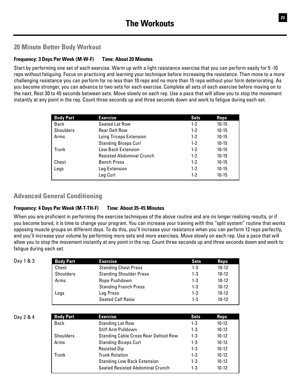 The workouts, 20 minute better body workout, Advanced general conditioning | Bowflex Revolution User Manual | Page 25 / 88