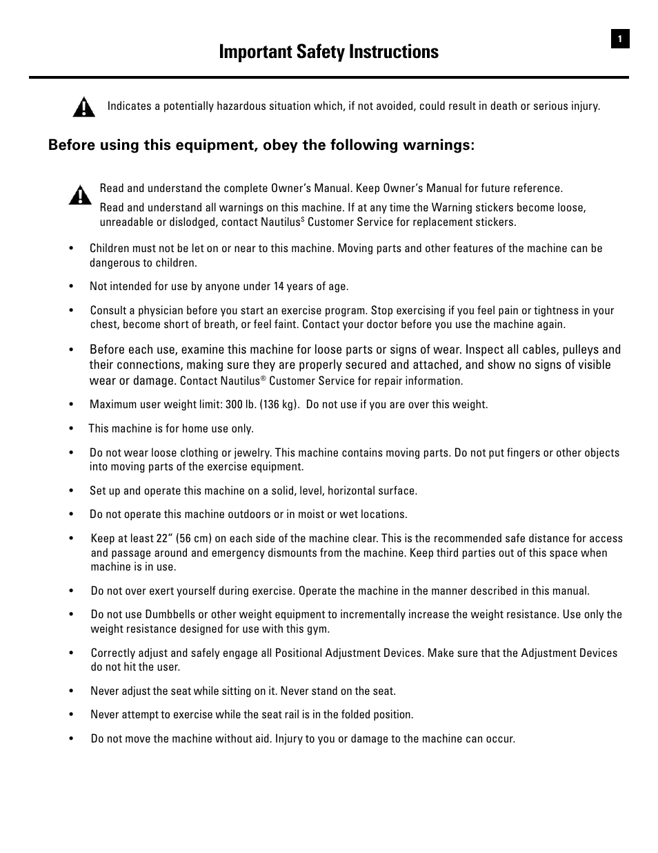 Important safety instructions | Bowflex Revolution User Manual | Page 3 / 88