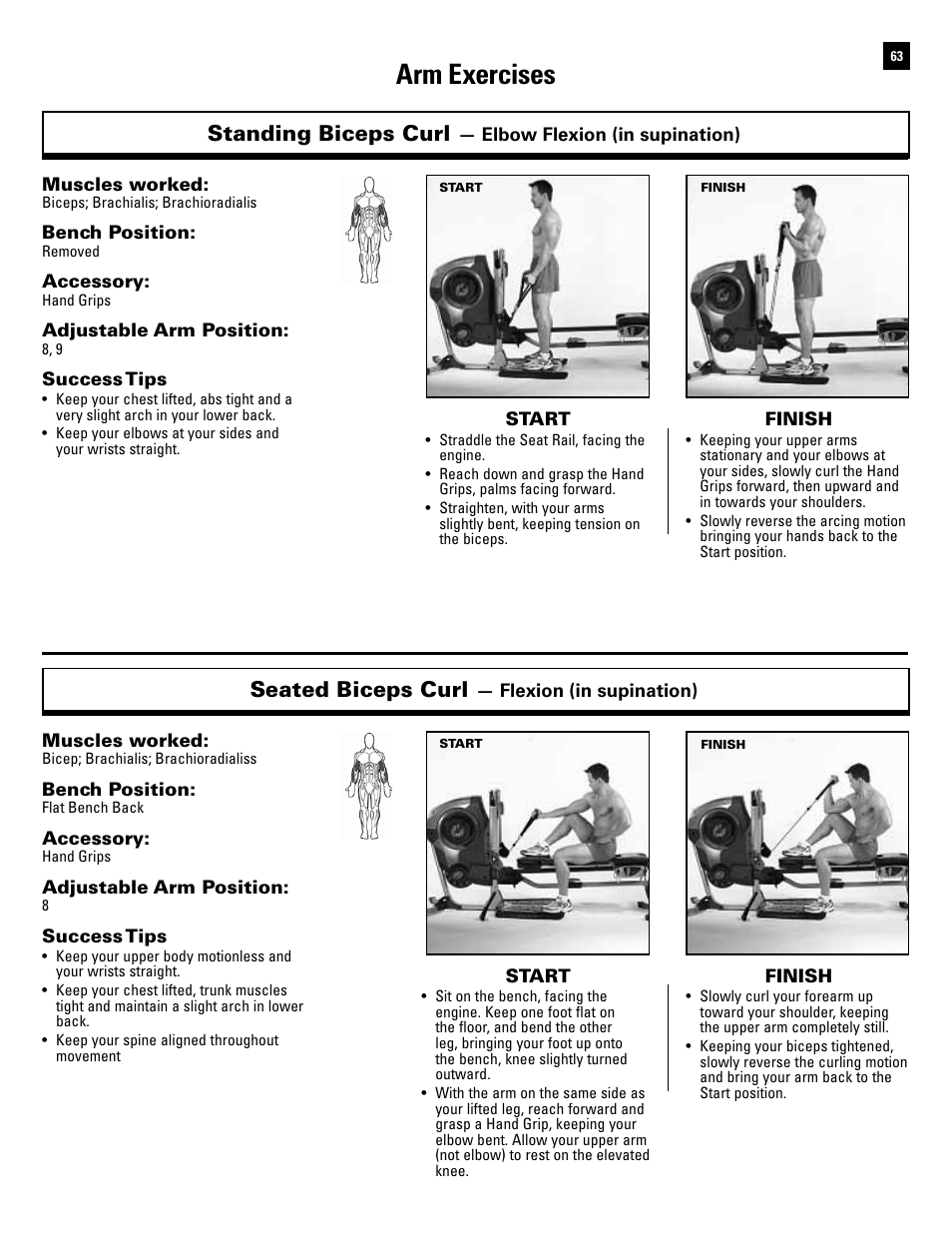 Arm exercises, Standing biceps curl, Seated biceps curl | Bowflex Revolution User Manual | Page 65 / 88