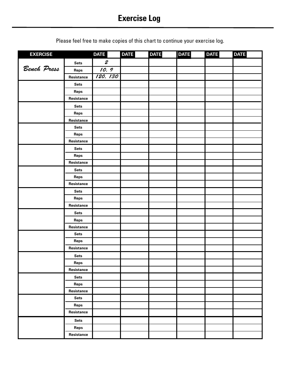 Exercise log, Bench press | Bowflex Revolution User Manual | Page 85 / 88