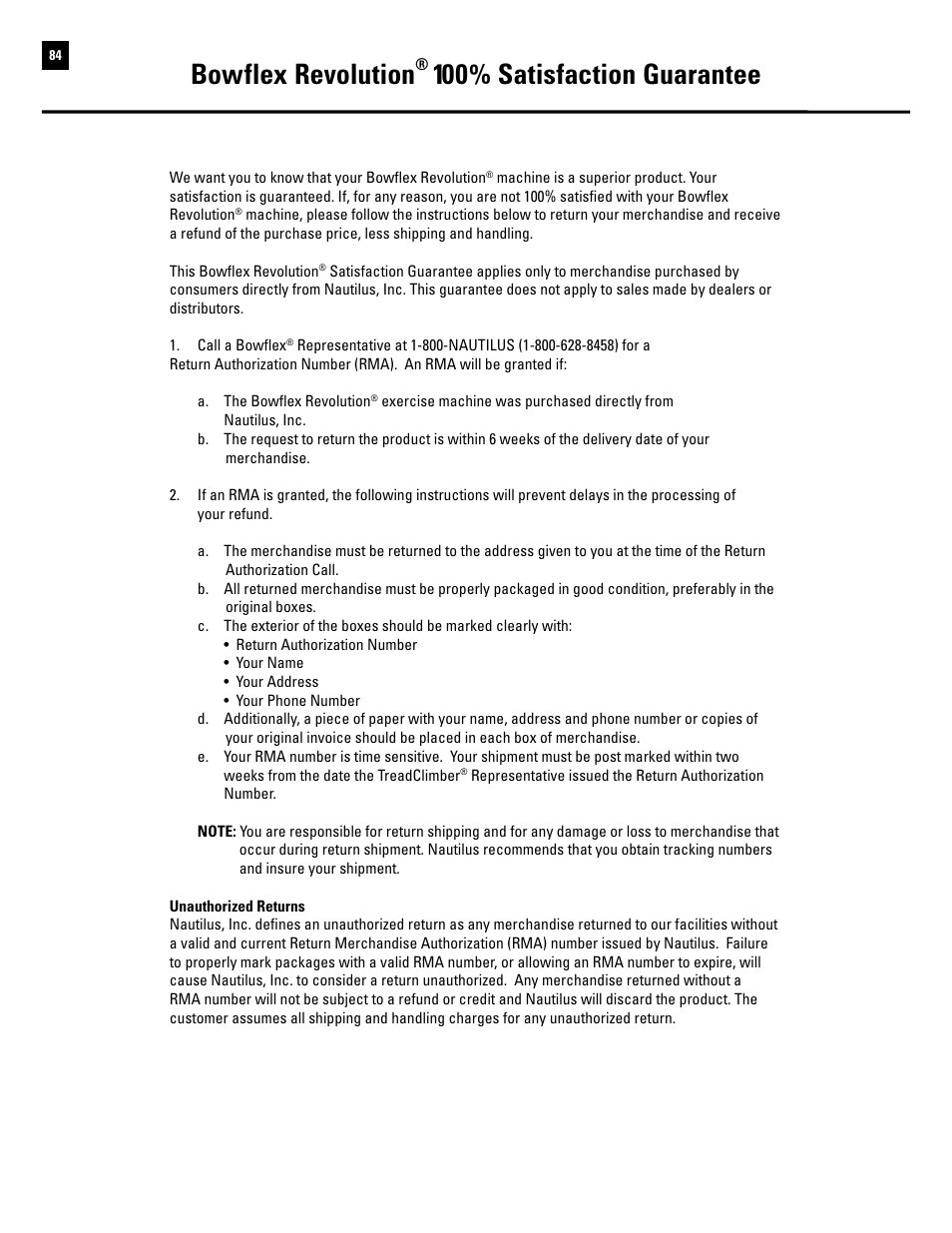 Bowflex revolution, 100% satisfaction guarantee | Bowflex Revolution User Manual | Page 86 / 88