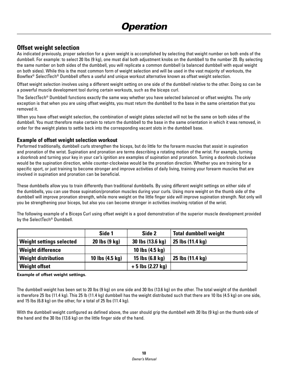 Operation, Offset weight selection | Bowflex SelectTech BD552 Dumbbells Dumbbells and Stability Ball User Manual | Page 10 / 36