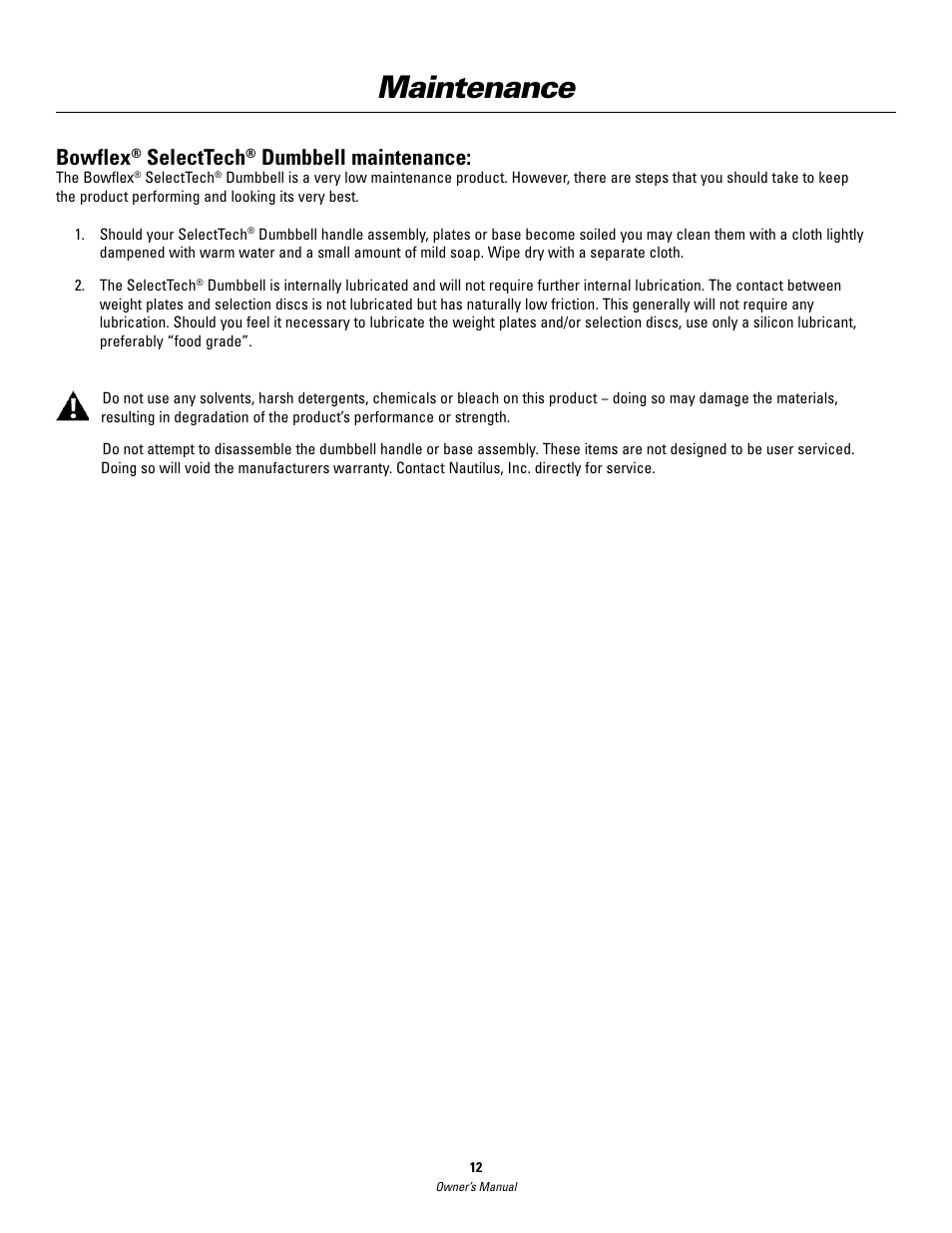 Maintenance, Bowflex, Selecttech | Dumbbell maintenance | Bowflex SelectTech BD552 Dumbbells Dumbbells and Stability Ball User Manual | Page 12 / 36