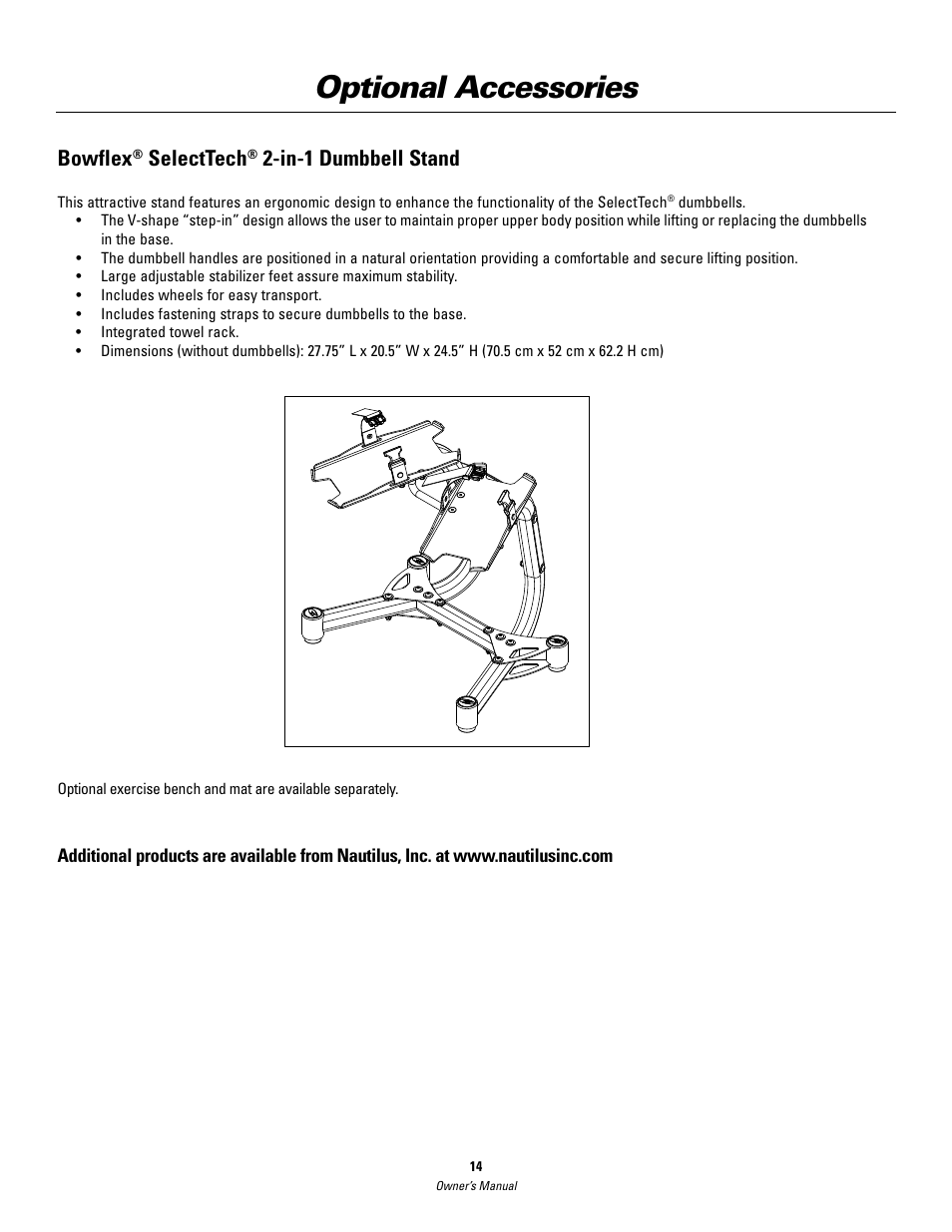 Optional accessories, Bowflex, Selecttech | In-1 dumbbell stand | Bowflex SelectTech BD552 Dumbbells Dumbbells and Stability Ball User Manual | Page 14 / 36