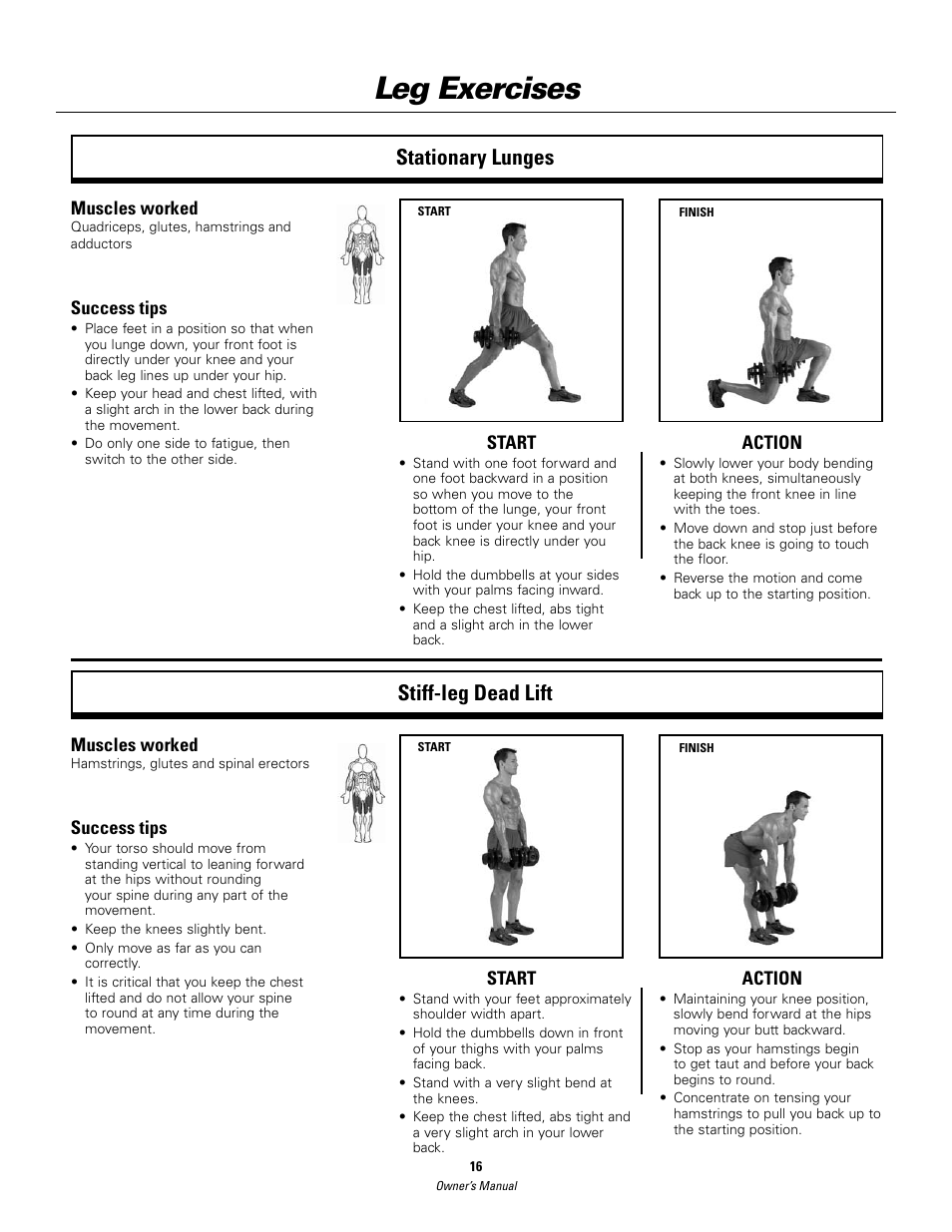 Leg exercises, Stationary lunges stiff-leg dead lift | Bowflex SelectTech BD552 Dumbbells Dumbbells and Stability Ball User Manual | Page 16 / 36