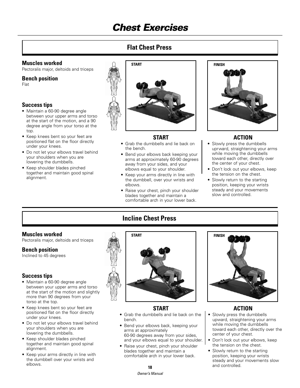Chest exercises, Flat chest press incline chest press | Bowflex SelectTech BD552 Dumbbells Dumbbells and Stability Ball User Manual | Page 18 / 36