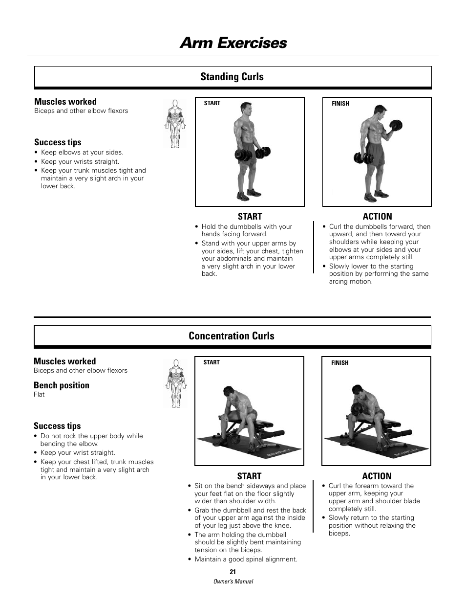 Arm exercises, Standing curls concentration curls | Bowflex SelectTech BD552 Dumbbells Dumbbells and Stability Ball User Manual | Page 21 / 36