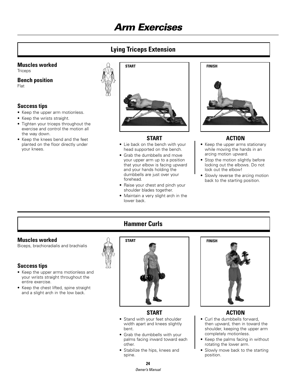 Arm exercises, Lying triceps extension hammer curls | Bowflex SelectTech BD552 Dumbbells Dumbbells and Stability Ball User Manual | Page 24 / 36
