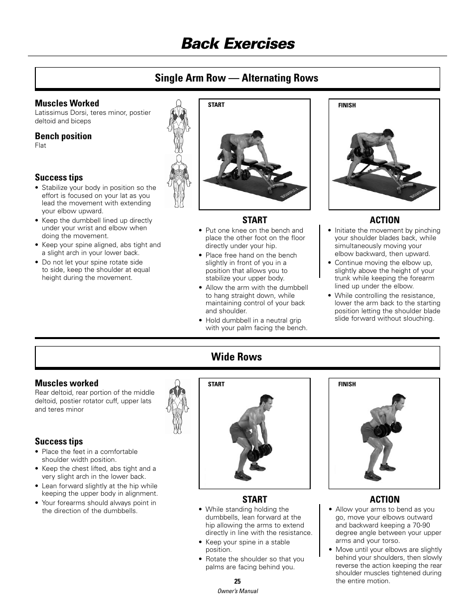 Back exercises, Single arm row — alternating rows wide rows | Bowflex SelectTech BD552 Dumbbells Dumbbells and Stability Ball User Manual | Page 25 / 36