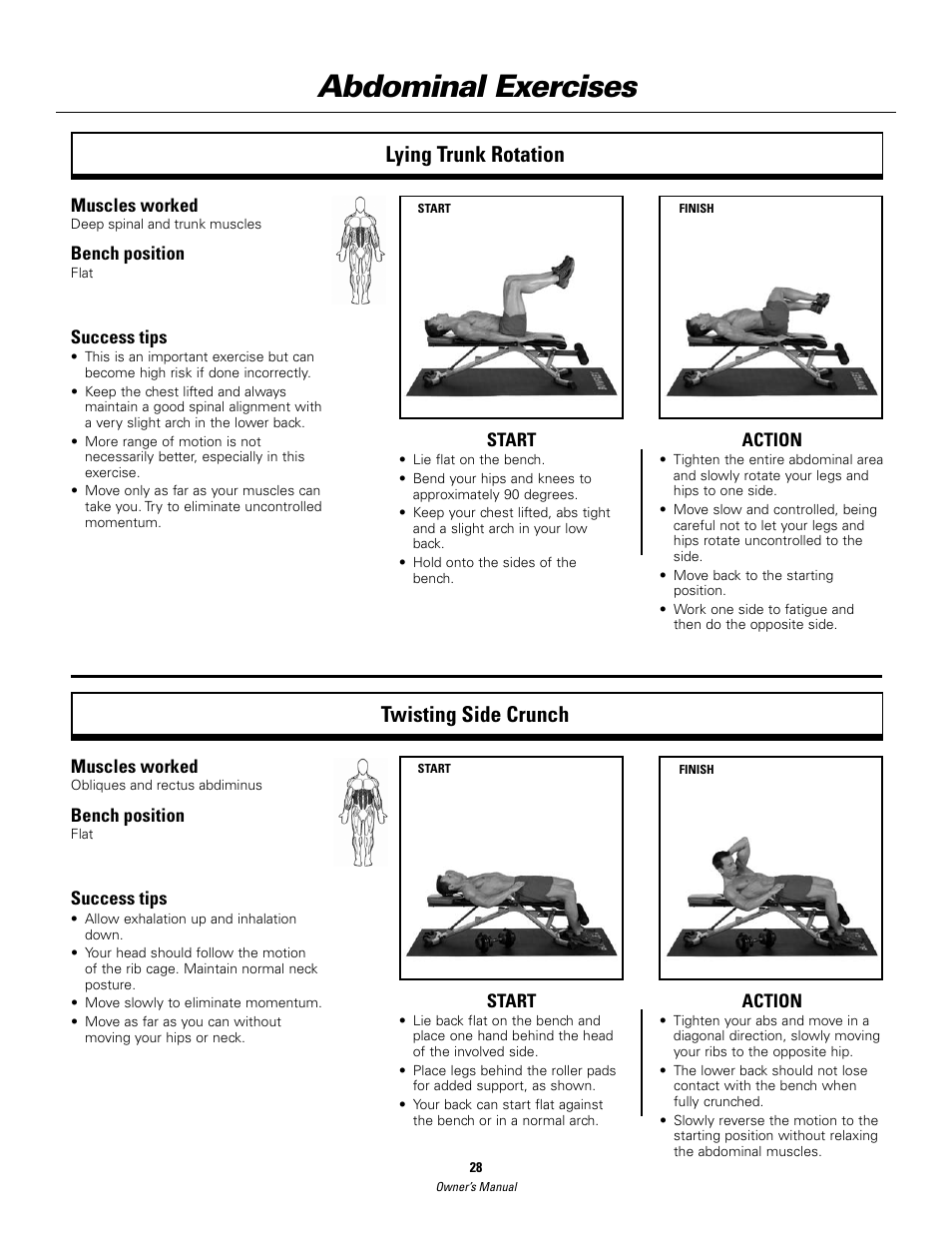 Abdominal exercises, Lying trunk rotation twisting side crunch | Bowflex SelectTech BD552 Dumbbells Dumbbells and Stability Ball User Manual | Page 28 / 36