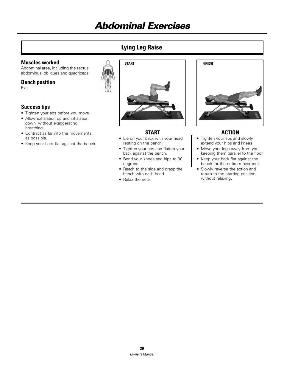 Abdominal exercises, Lying leg raise | Bowflex SelectTech BD552 Dumbbells Dumbbells and Stability Ball User Manual | Page 29 / 36