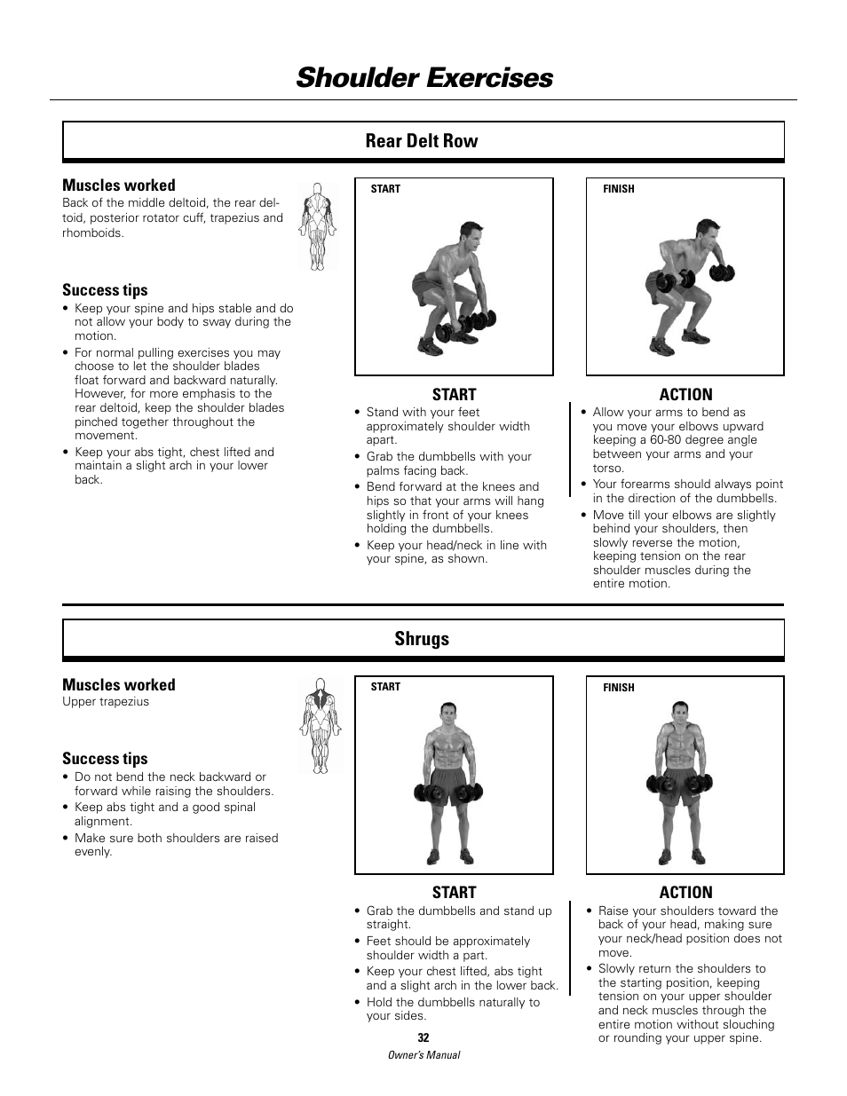 Shoulder exercises, Rear delt row shrugs | Bowflex SelectTech BD552 Dumbbells Dumbbells and Stability Ball User Manual | Page 32 / 36