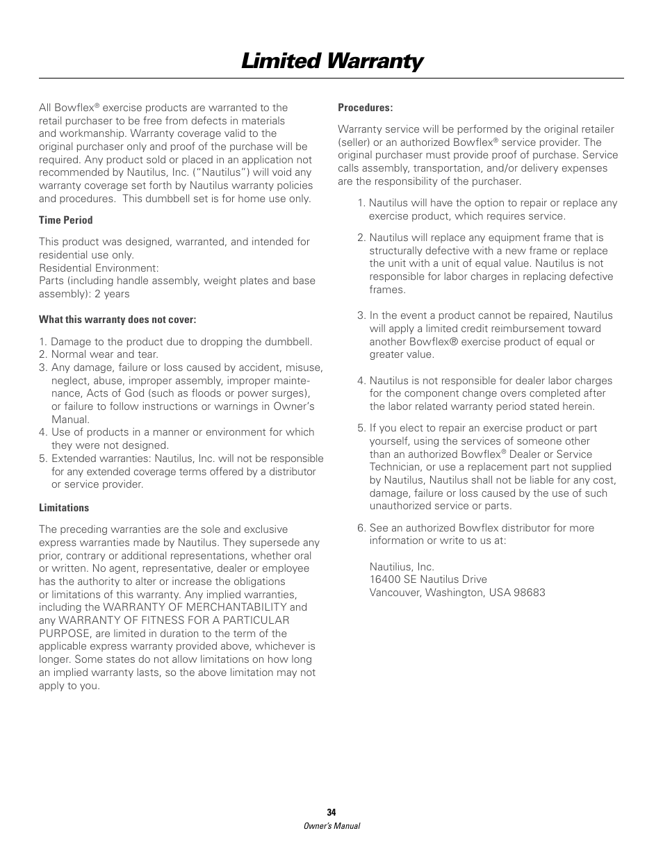 Limited warranty | Bowflex SelectTech BD552 Dumbbells Dumbbells and Stability Ball User Manual | Page 34 / 36