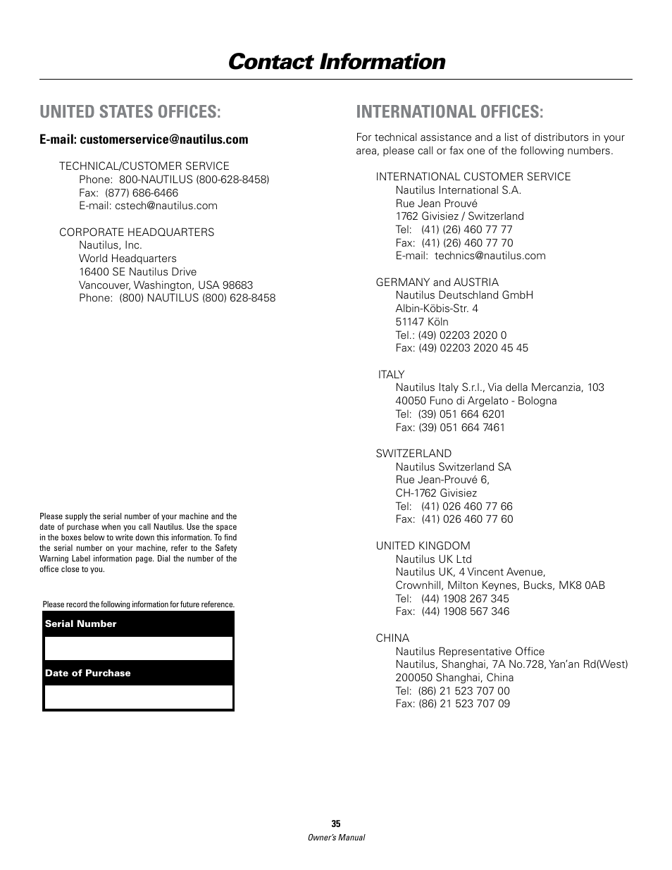 Contact information, United states offices, International offices | Bowflex SelectTech BD552 Dumbbells Dumbbells and Stability Ball User Manual | Page 35 / 36
