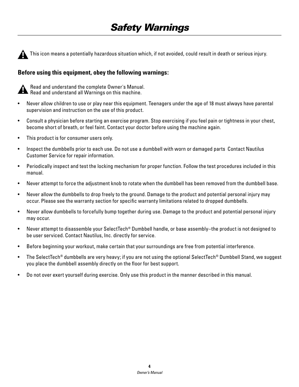 Safety warnings | Bowflex SelectTech BD552 Dumbbells Dumbbells and Stability Ball User Manual | Page 4 / 36