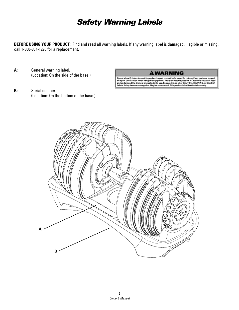 Safety warning labels | Bowflex SelectTech BD552 Dumbbells Dumbbells and Stability Ball User Manual | Page 5 / 36