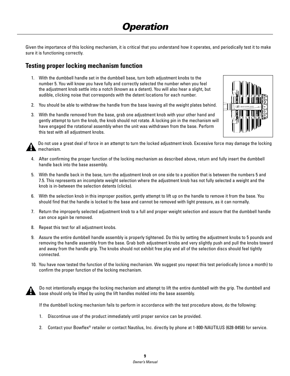 Operation, Testing proper locking mechanism function | Bowflex SelectTech BD552 Dumbbells Dumbbells and Stability Ball User Manual | Page 9 / 36