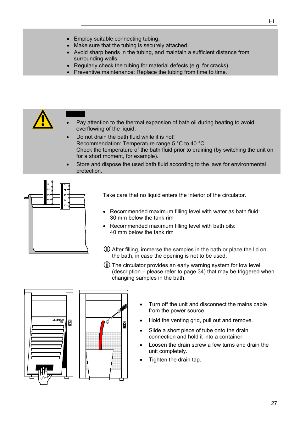 Filling / draining | JULABO FPW50-HL Refrigerated Circulators User Manual | Page 27 / 94