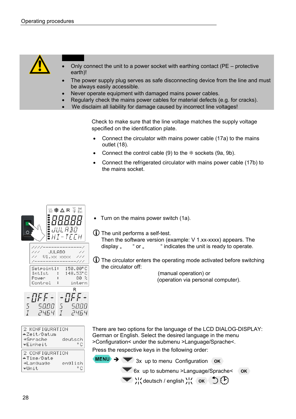 Operating procedures 6.1. power connection, Switching on / selecting the language | JULABO FPW50-HL Refrigerated Circulators User Manual | Page 28 / 94