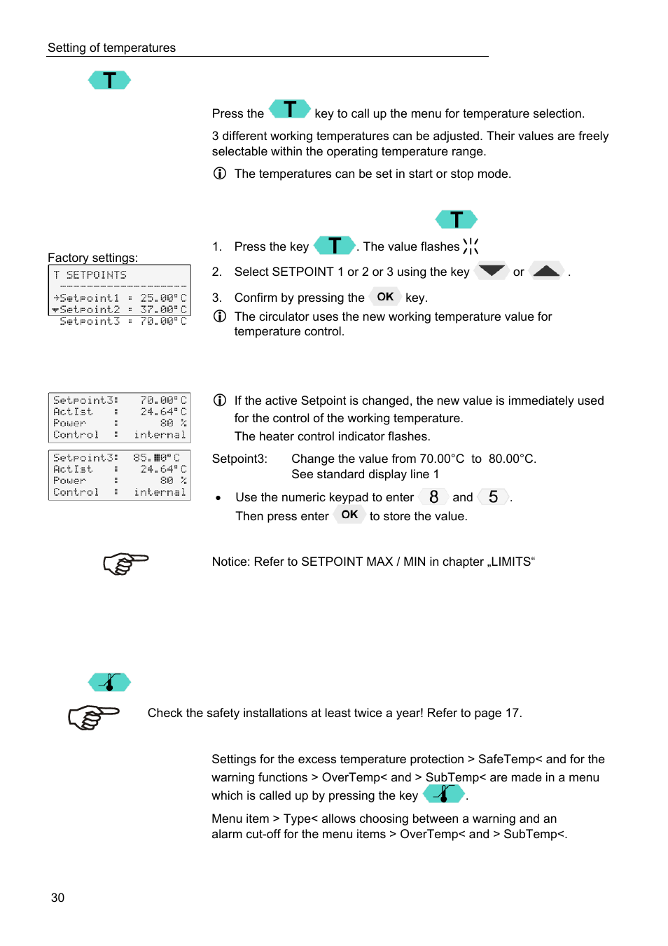 Setting of temperatures, Safety installations, warning functions | JULABO FPW50-HL Refrigerated Circulators User Manual | Page 30 / 94