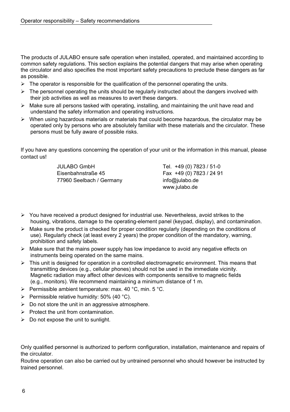 Operator responsibility – safety recommendations | JULABO FPW50-HL Refrigerated Circulators User Manual | Page 6 / 94