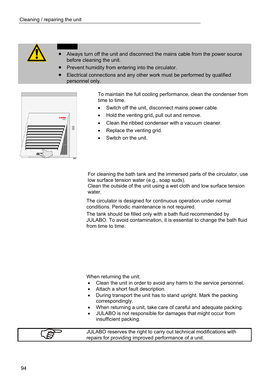 Cleaning / repairing the unit | JULABO FPW50-HL Refrigerated Circulators User Manual | Page 94 / 94