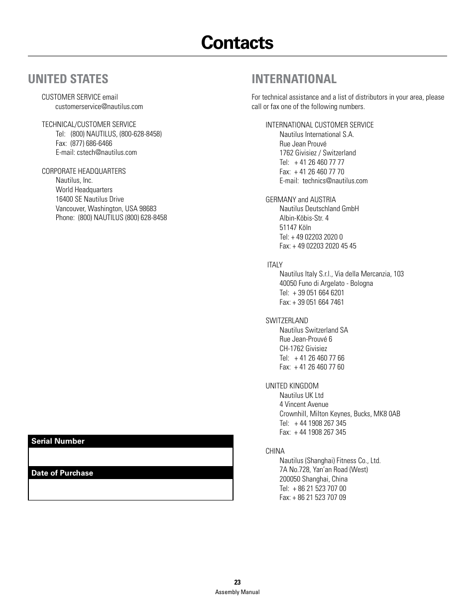 Contacts, United states, International | Bowflex PR3000 User Manual | Page 23 / 24