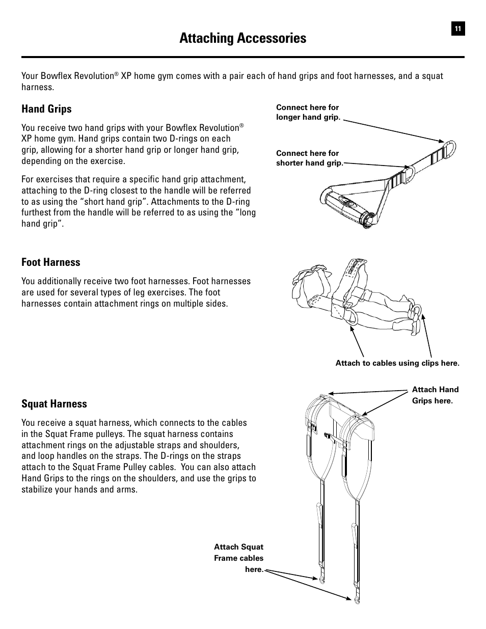 Attaching accessories, Hand grips, Foot harness | Squat harness | Bowflex Revolution XP User Manual | Page 13 / 100