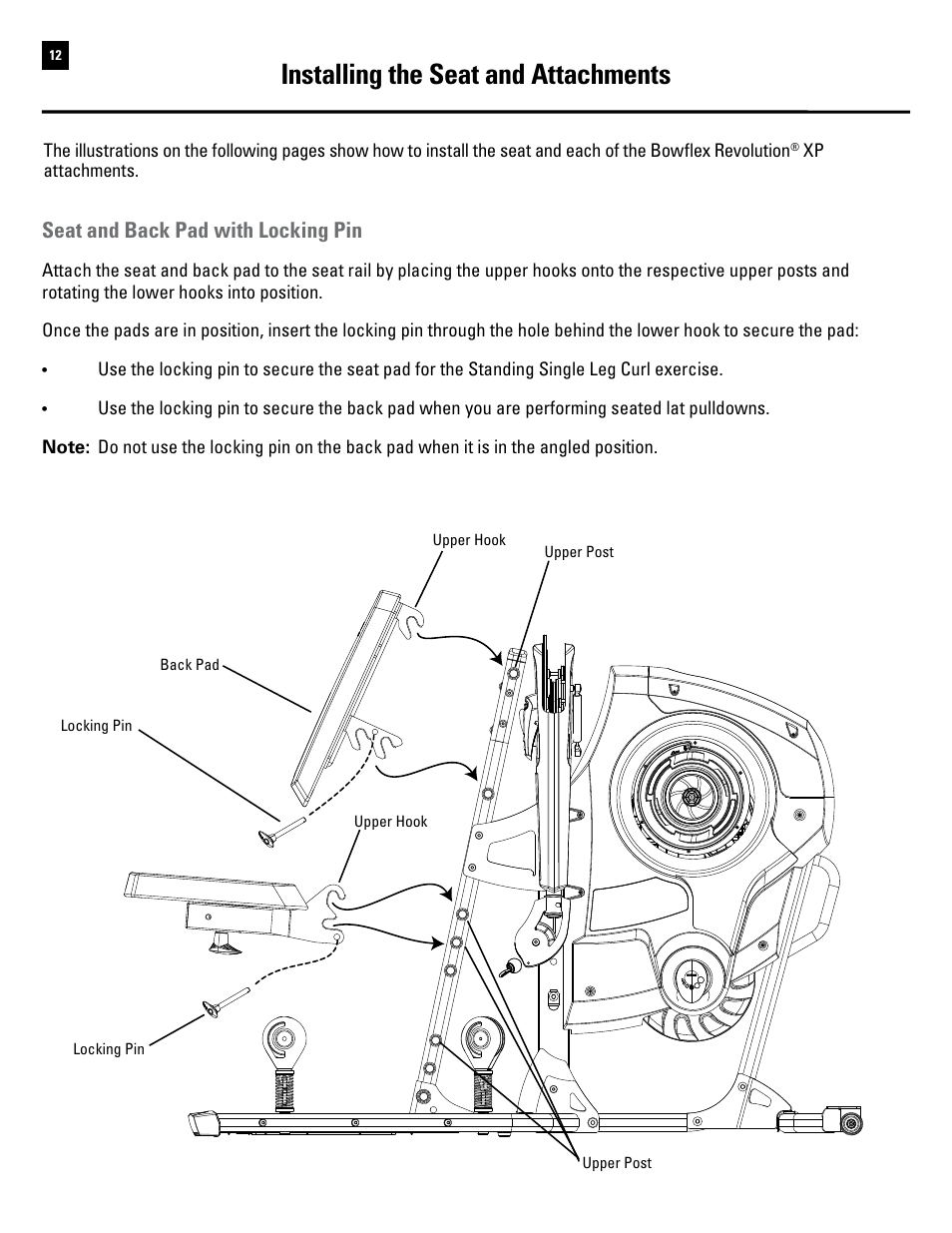 Installing the seat and attachments, Seat and back pad with locking pin | Bowflex Revolution XP User Manual | Page 14 / 100