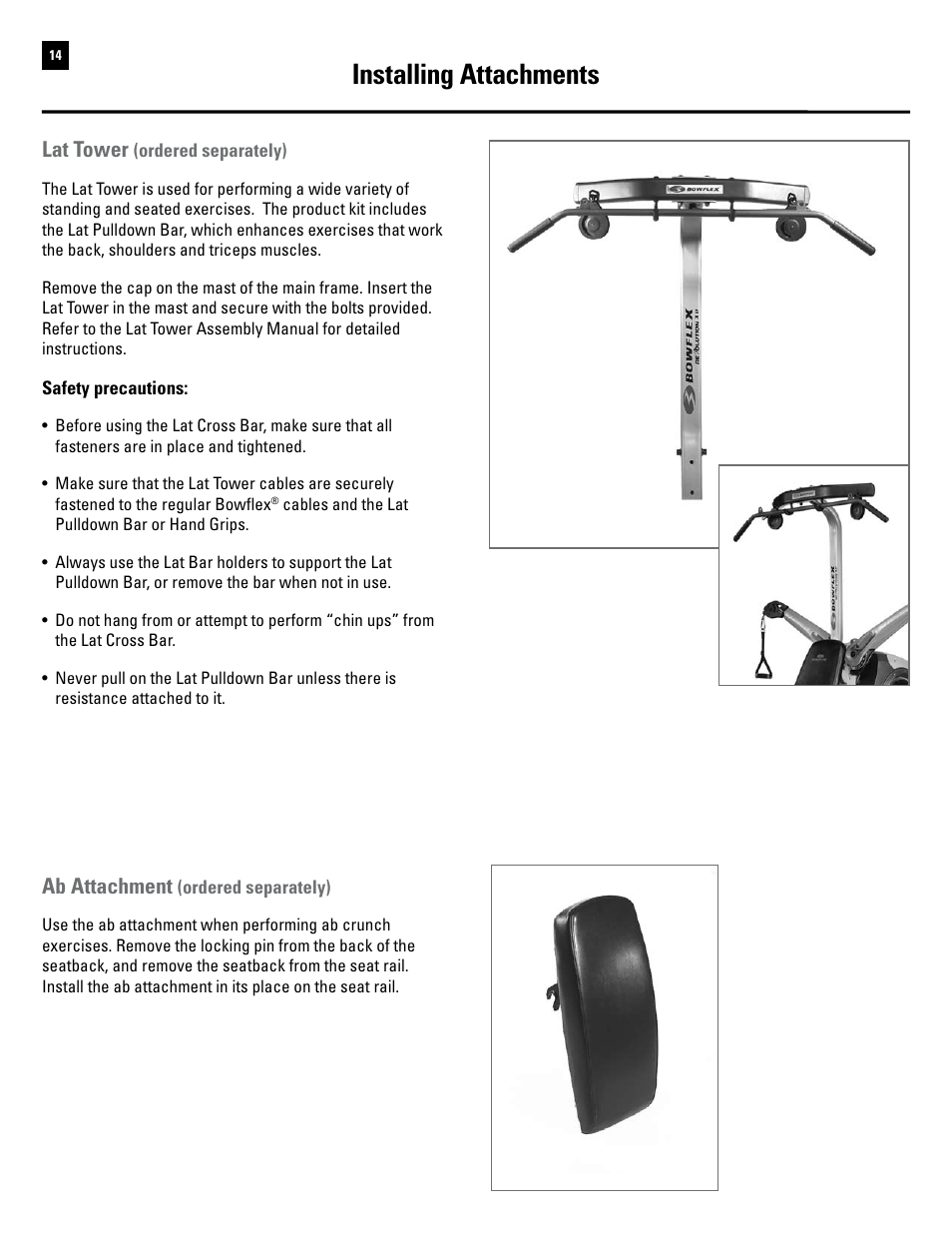 Installing attachments, Ab attachment, Lat tower | Bowflex Revolution XP User Manual | Page 16 / 100