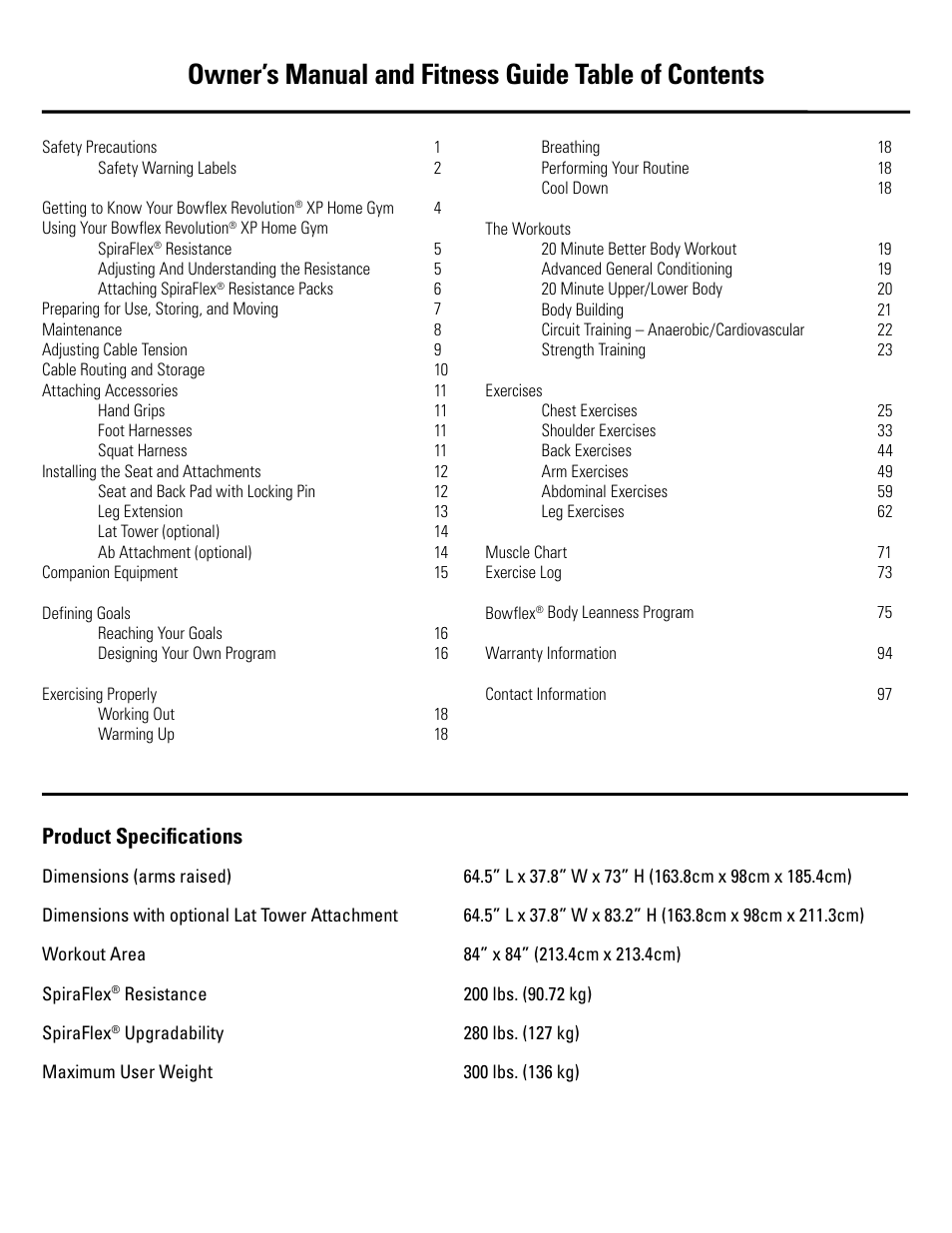 Owner’s manual and fitness guide table of contents, Product specifications | Bowflex Revolution XP User Manual | Page 2 / 100