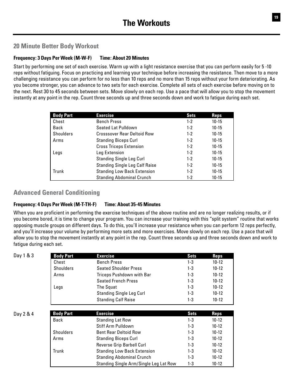 The workouts, 20 minute better body workout, Advanced general conditioning | Bowflex Revolution XP User Manual | Page 21 / 100