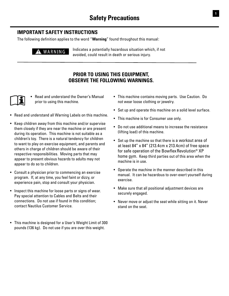 Safety precautions | Bowflex Revolution XP User Manual | Page 3 / 100