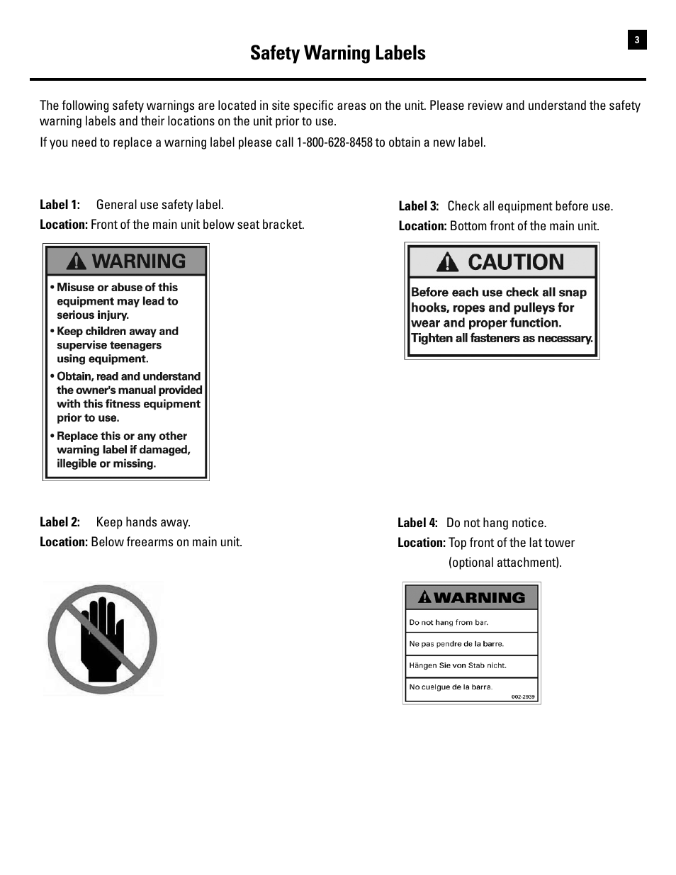 Safety warning labels | Bowflex Revolution XP User Manual | Page 5 / 100