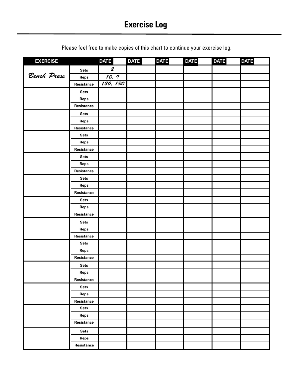 Exercise log, Bench press | Bowflex Revolution XP User Manual | Page 75 / 100