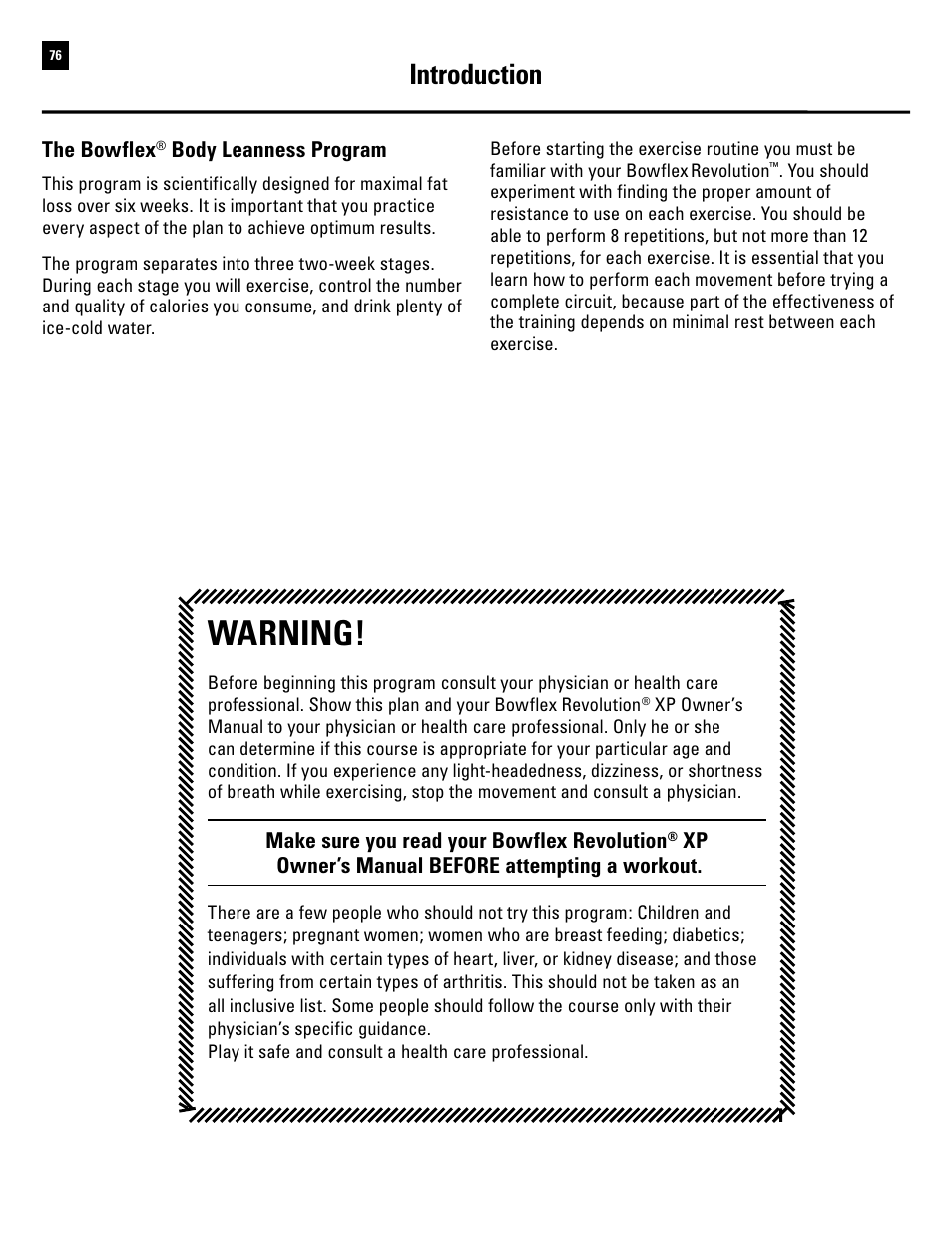 Warning, Introduction | Bowflex Revolution XP User Manual | Page 78 / 100