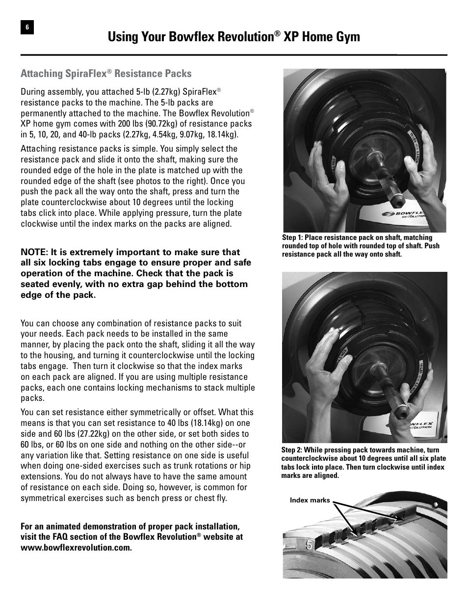 Using your bowflex revolution, Xp home gym, Attaching spiraflex | Resistance packs | Bowflex Revolution XP User Manual | Page 8 / 100