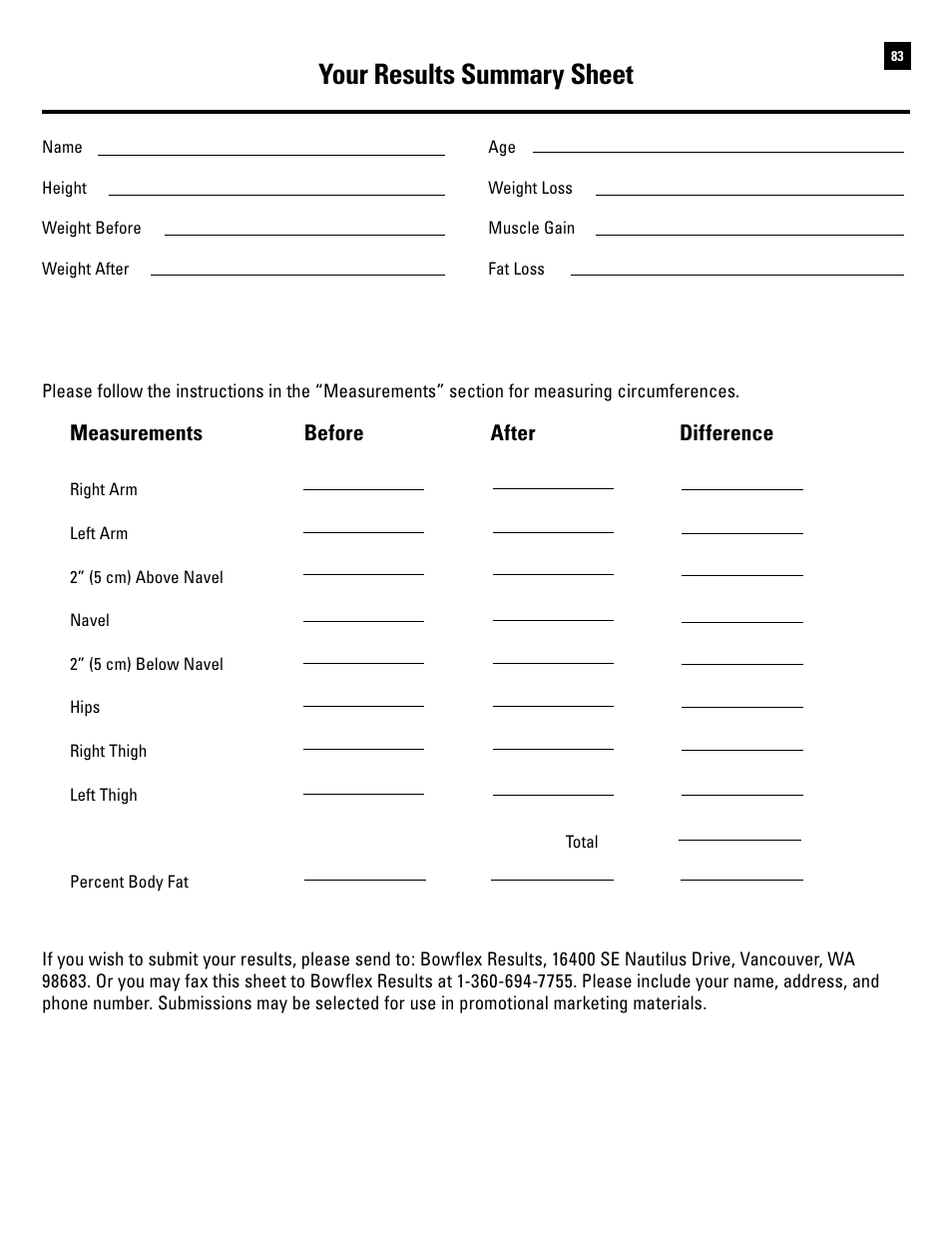 Your results summary sheet | Bowflex Revolution XP User Manual | Page 85 / 100