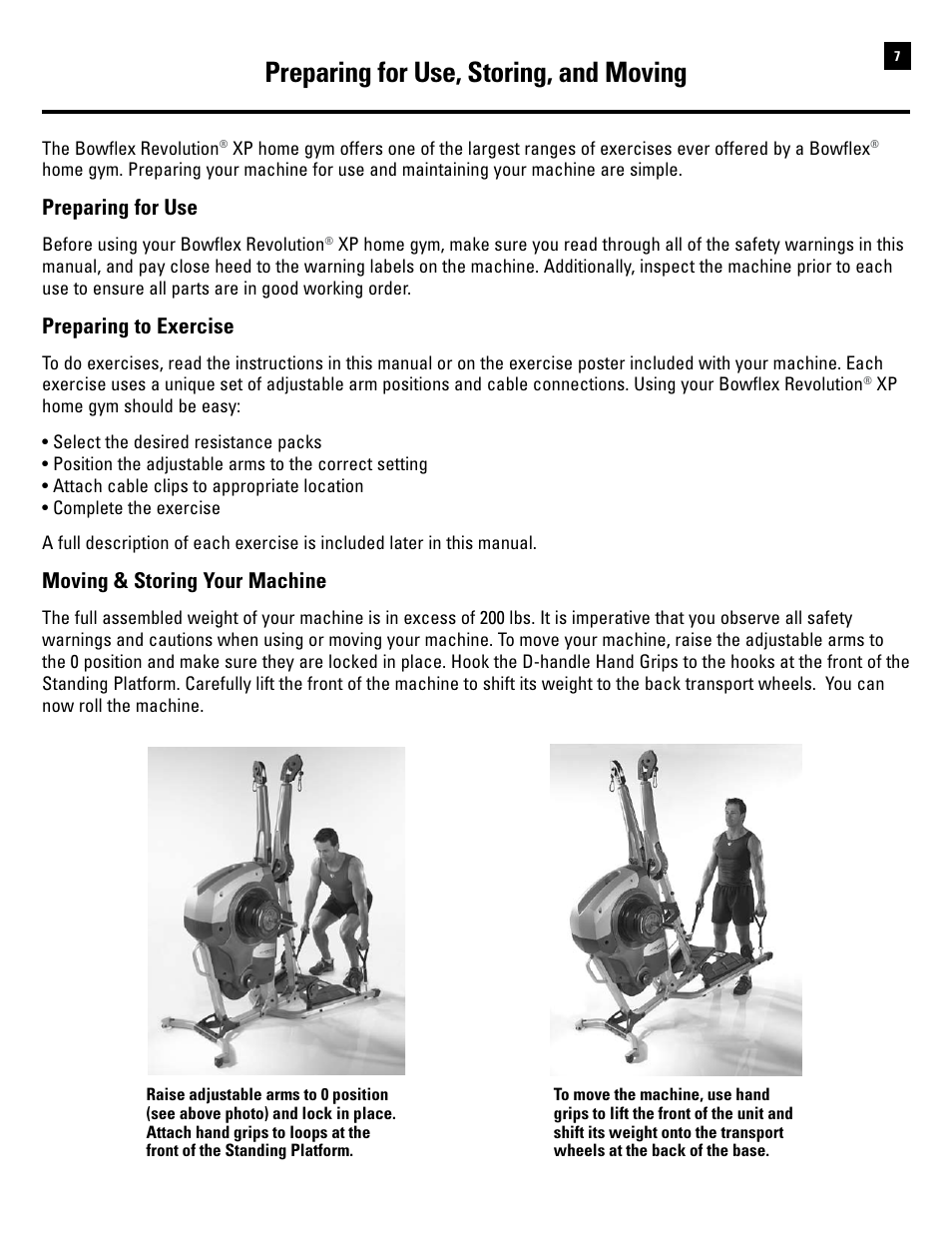 Preparing for use, storing, and moving, Preparing for use, Preparing to exercise | Moving & storing your machine | Bowflex Revolution XP User Manual | Page 9 / 100