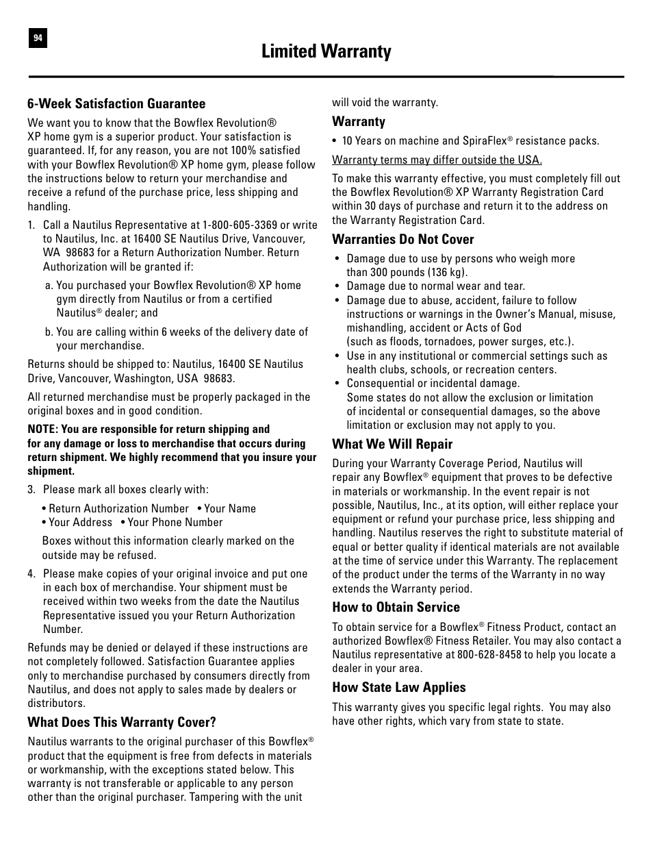 Limited warranty | Bowflex Revolution XP User Manual | Page 96 / 100