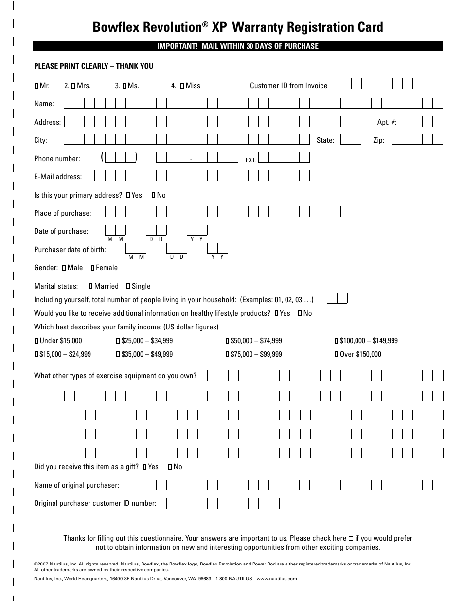 Bowflex revolution, Xp warranty registration card | Bowflex Revolution XP User Manual | Page 97 / 100