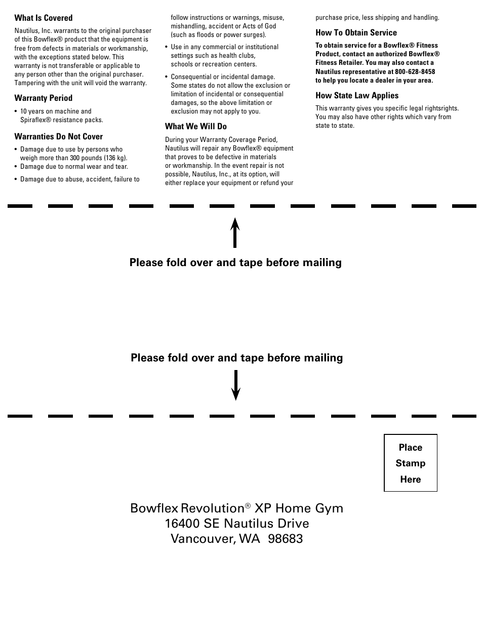 Bowflex, Revolution, Please fold over and tape before mailing | Bowflex Revolution XP User Manual | Page 98 / 100