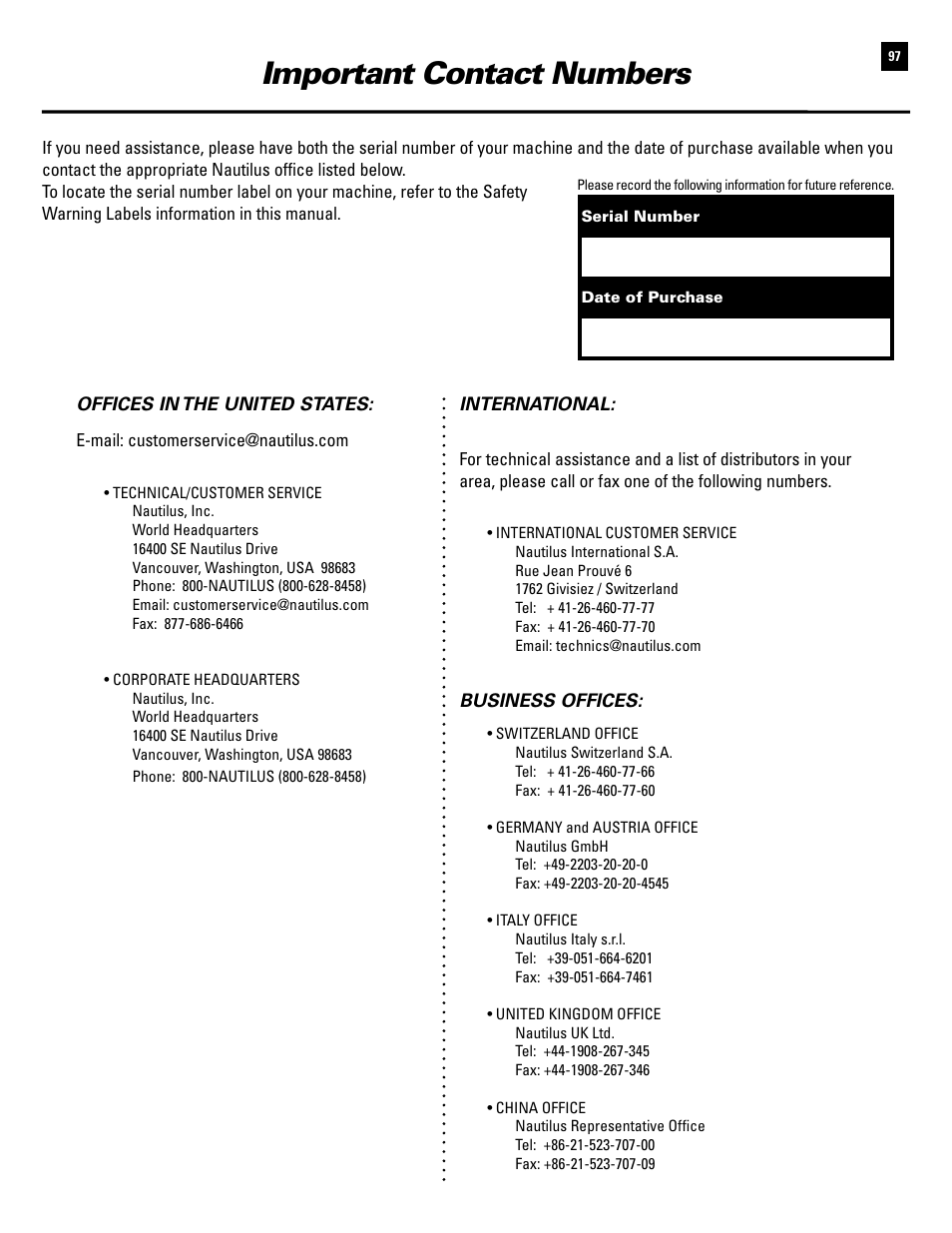 Important contact numbers | Bowflex Revolution XP User Manual | Page 99 / 100