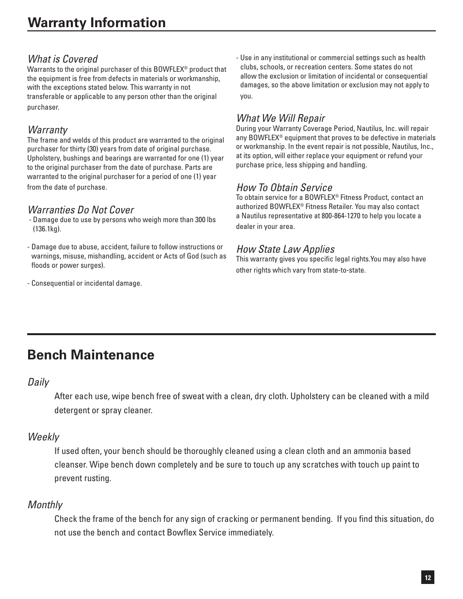 Warranty information, Bench maintenance, What is covered | Warranty, Warranties do not cover, What we will repair, How to obtain service, How state law applies, Daily, Weekly | Bowflex SelectTech 5.1 Bench User Manual | Page 15 / 20