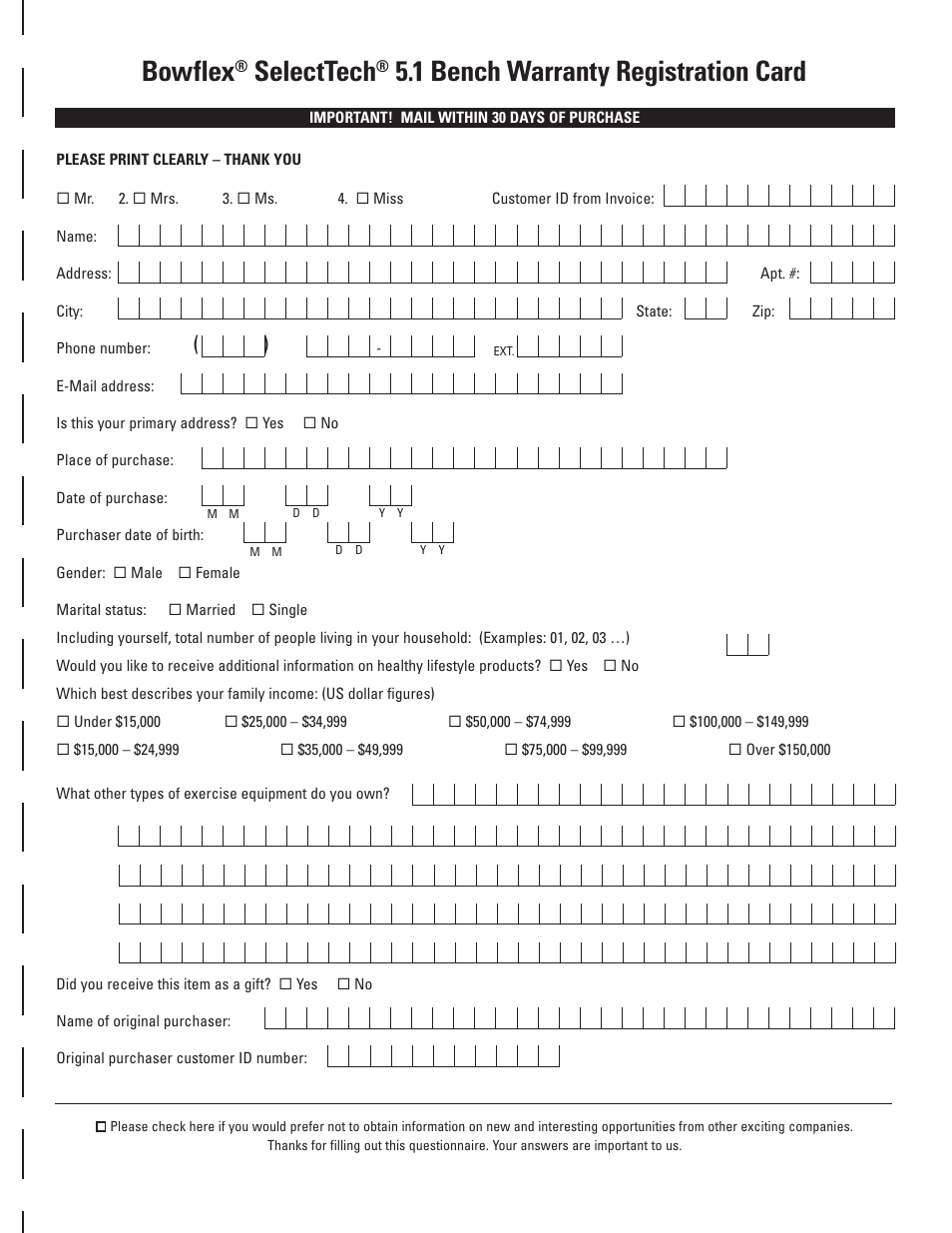 Bowflex, Selecttech, 1 bench warranty regstraton card | Bowflex SelectTech 5.1 Bench User Manual | Page 17 / 20