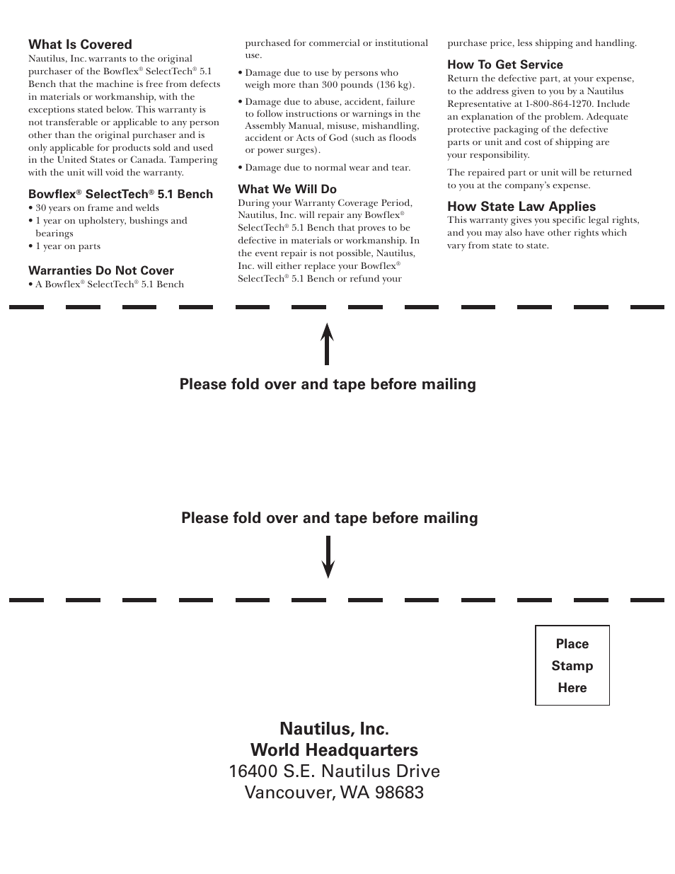 Please fold over and tape before mailing, Place stamp here, What is covered | How state law applies | Bowflex SelectTech 5.1 Bench User Manual | Page 18 / 20
