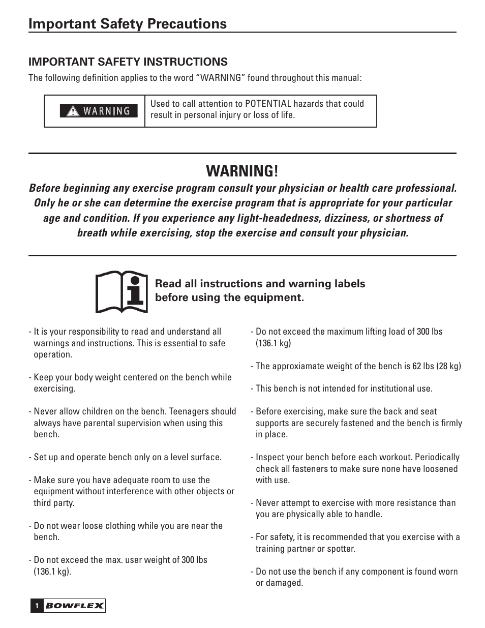 Warning, Important safety precautions | Bowflex SelectTech 5.1 Bench User Manual | Page 4 / 20