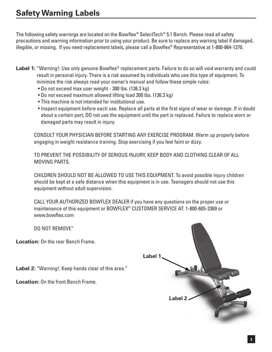 Safety warning labels | Bowflex SelectTech 5.1 Bench User Manual | Page 5 / 20