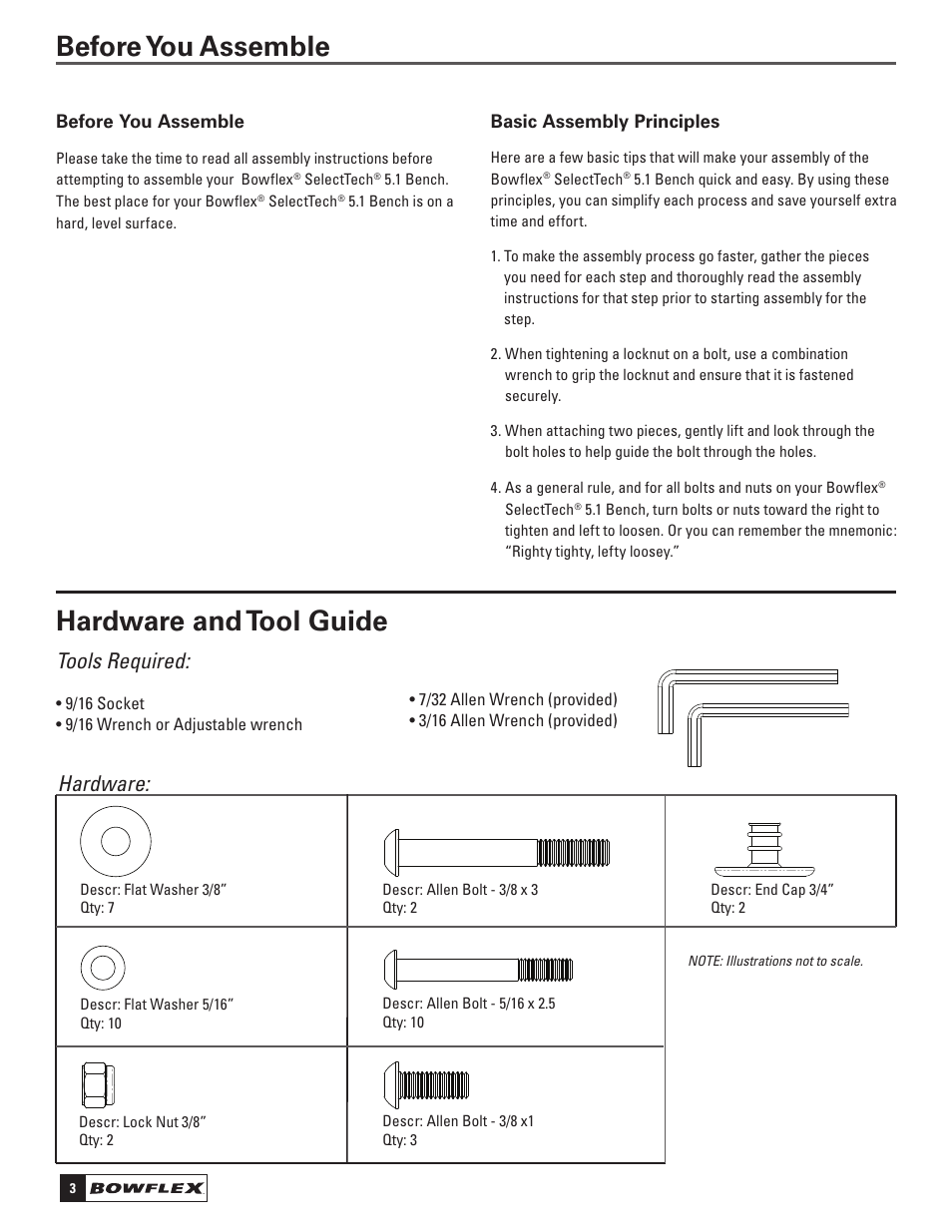 Hardware and tool guide, Before you assemble, Tools required | Hardware | Bowflex SelectTech 5.1 Bench User Manual | Page 6 / 20